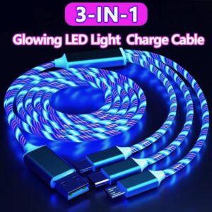 Glowing LED Light 3 in 1 Fast Charging Cable  Micro USB, Type C, AND LIGHTNING  ITEM# MG -LED CABLE