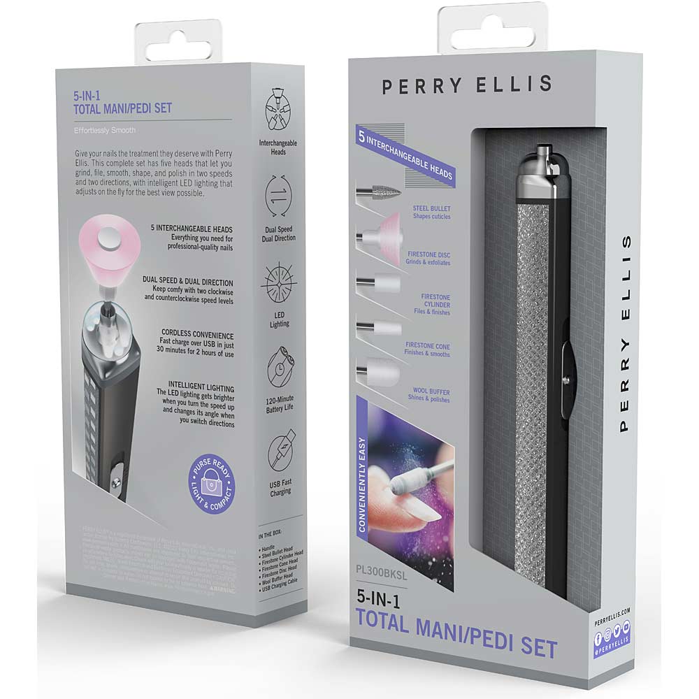 PERRY ELLIS ECHARGEABLE SALON STYLE MANICURE SET WITH LED LIGHT, Black/Silver - ITEM # FS -PL300BKSL - Image 2