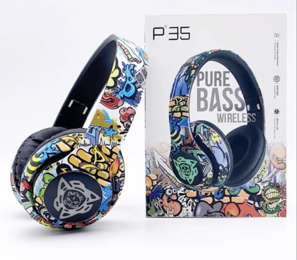 Pure Bass Wireless Bluetooth P35 Headphones: Hip Graffiti Style in Abstract Design! ITEM # MG-P35GHP