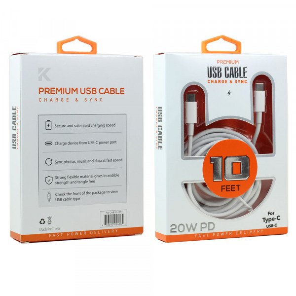 Type C TO TYPE C 20W Fast Charging CABLE 10FT ITEM # KK- Type C-To-Type C 10FT