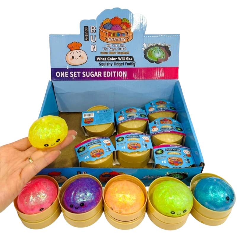 Small Dumpling Glow in the Dark Squishy Bun with Glitter Jelly Beads 1.8" ITEM # HH-SQD0187