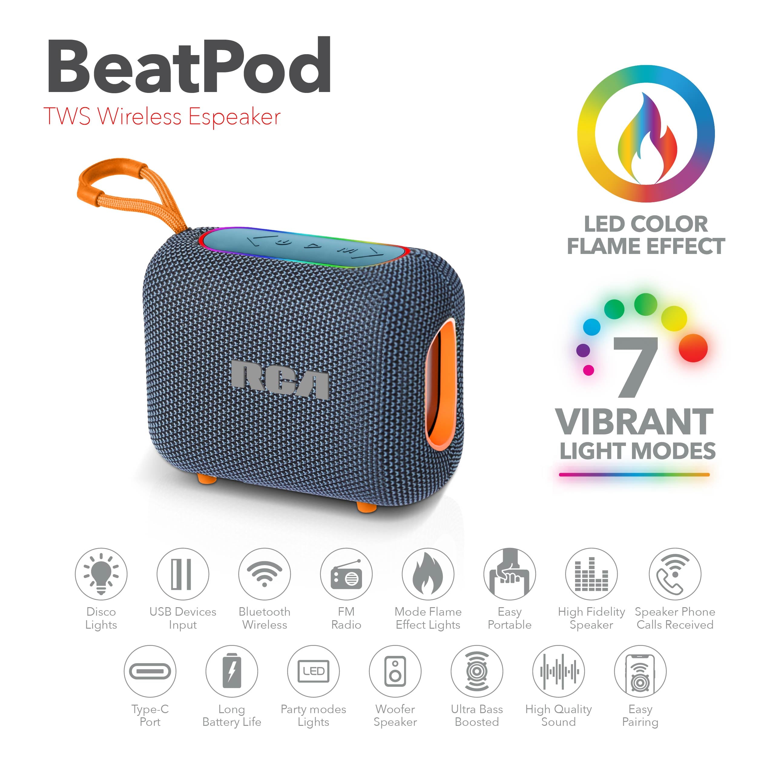 RCA BEAT-33 Portable Bluetooth Speaker with RGB Lights ITEM # TT- BEAT-33 - Image 6