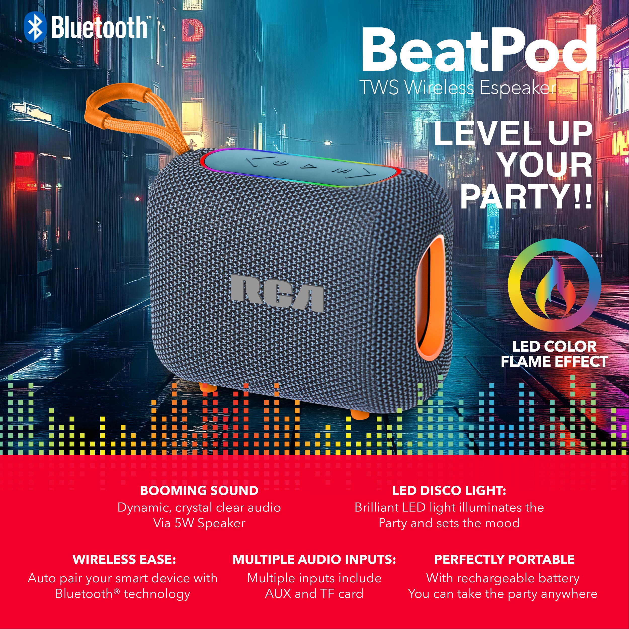 RCA BEAT-33 Portable Bluetooth Speaker with RGB Lights ITEM # TT- BEAT-33 - Image 7